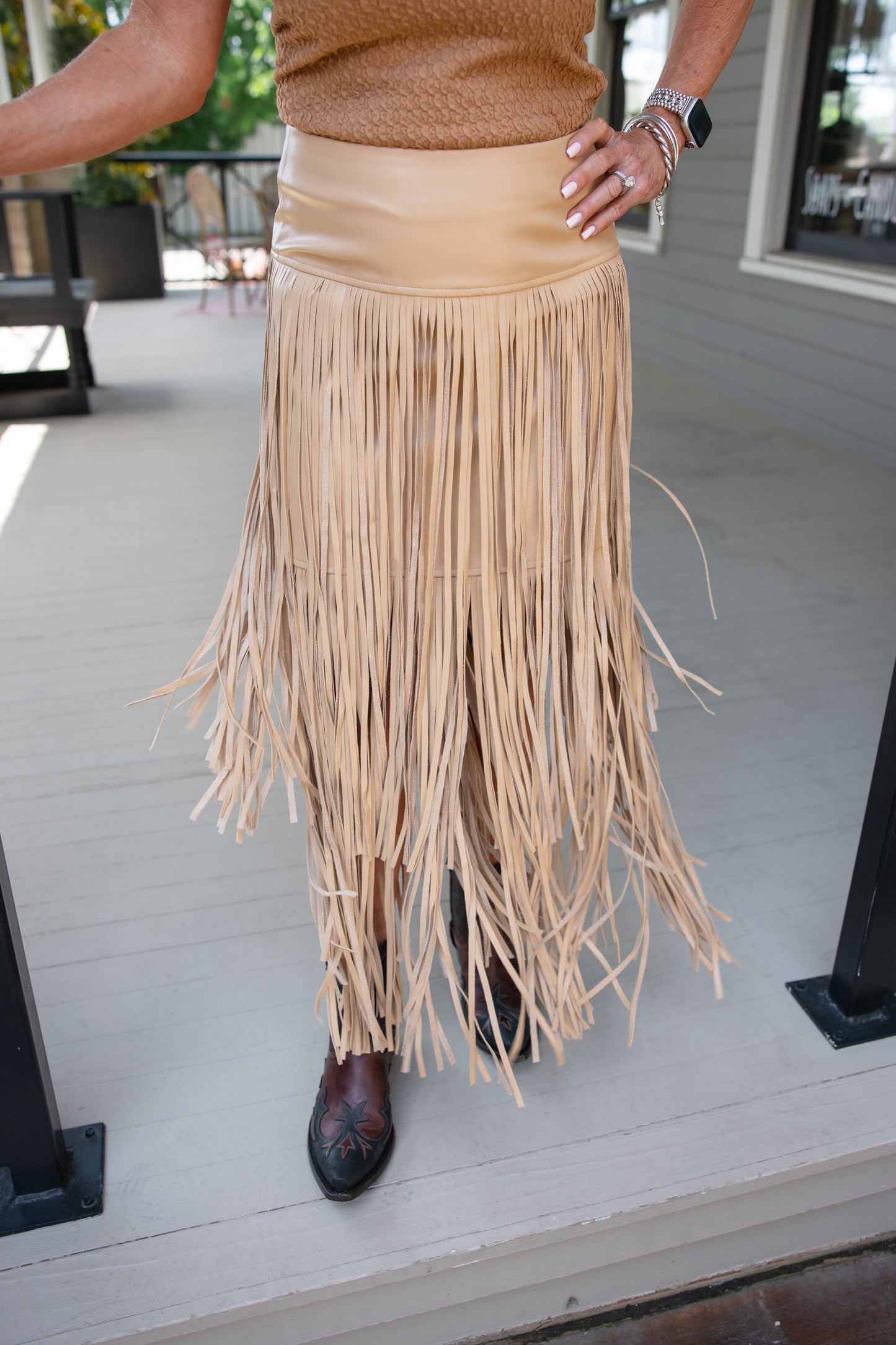 Faux Leather Tiered Fringe Maxi Skirt
