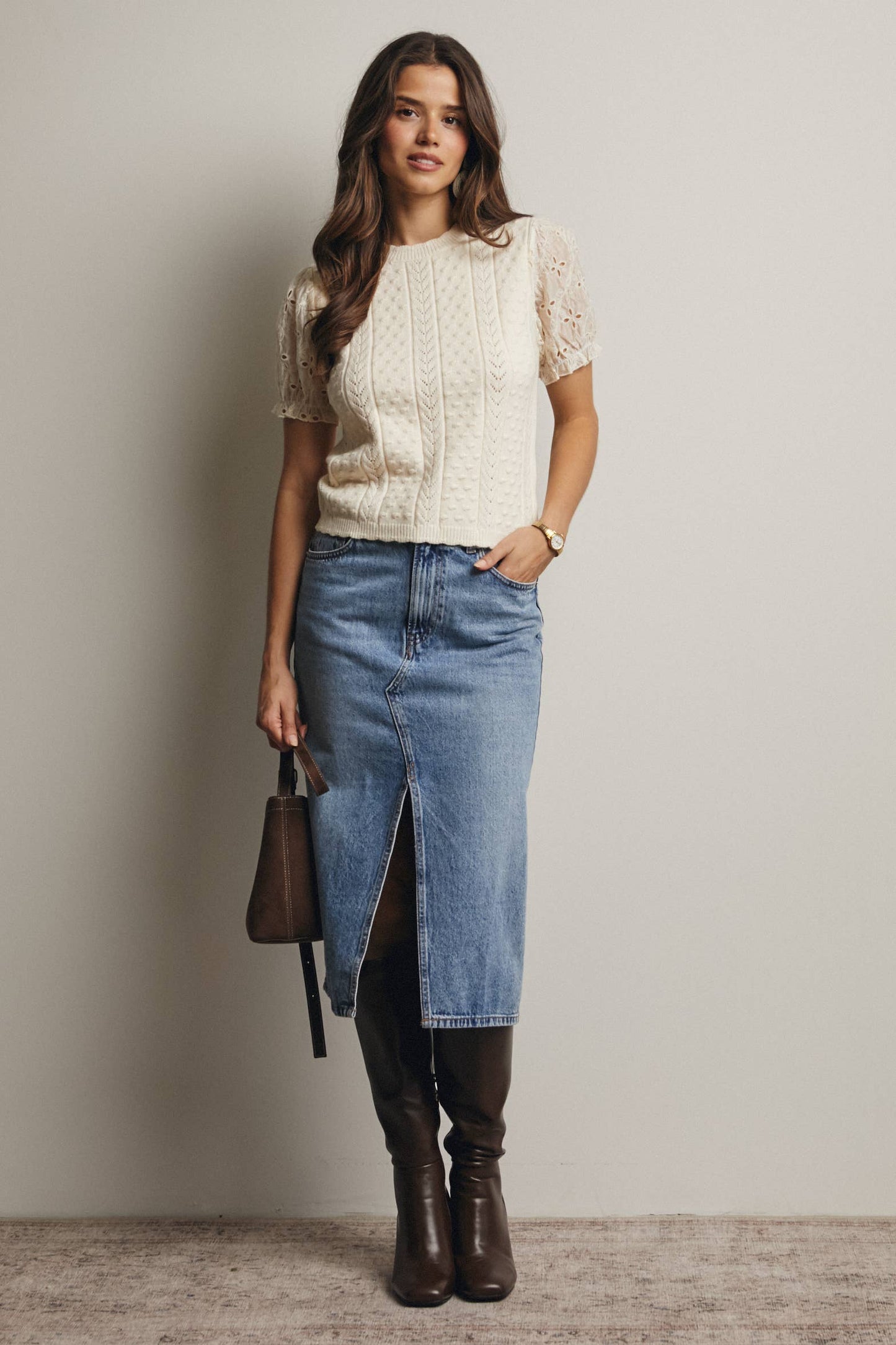 Lace Puff Sleeve Knit Top