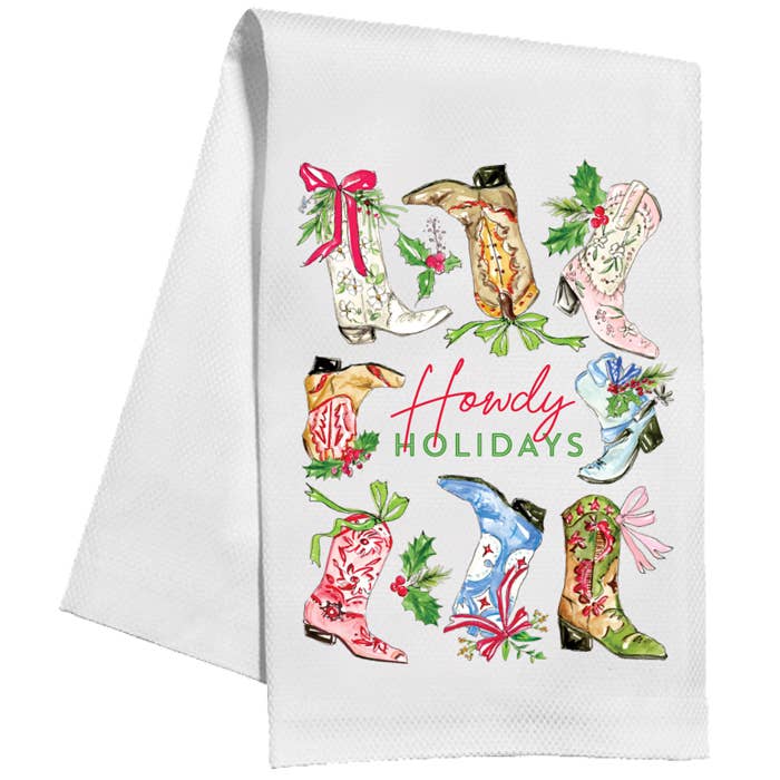Handpainted Howdy Holidays Christmas Boots Kitchen Towel