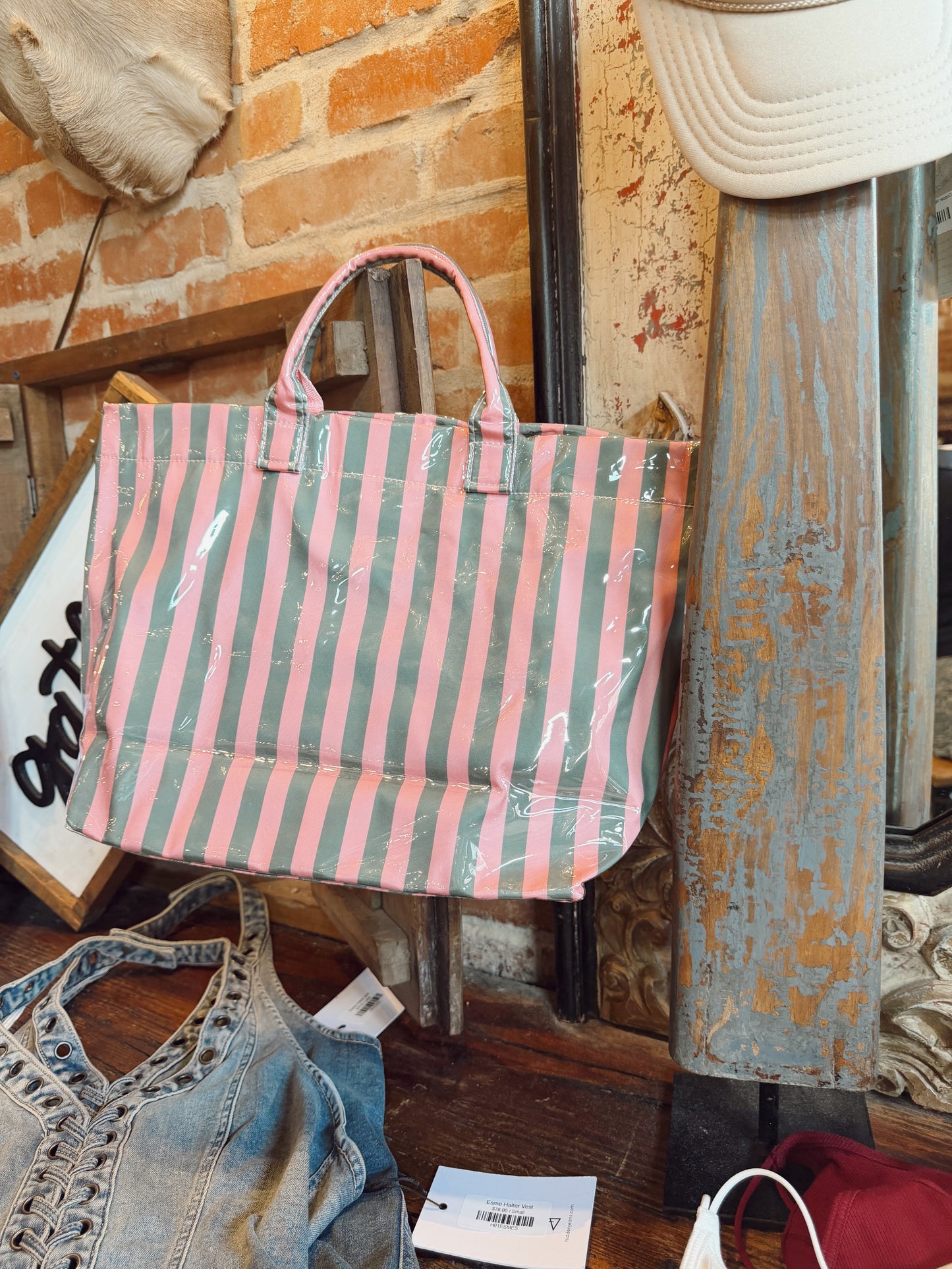Glossy Striped Large Tote Bag