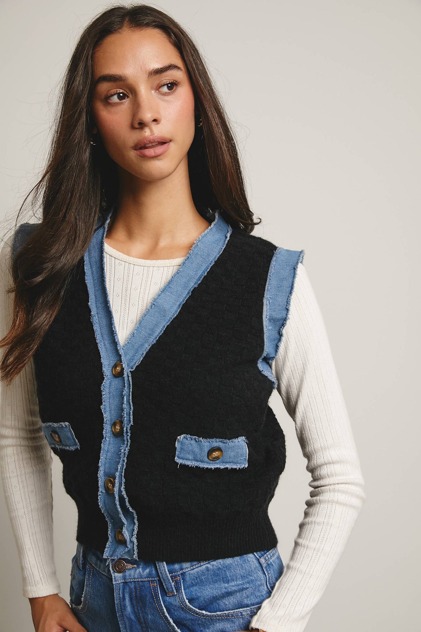 Denim Trim Knit Vest