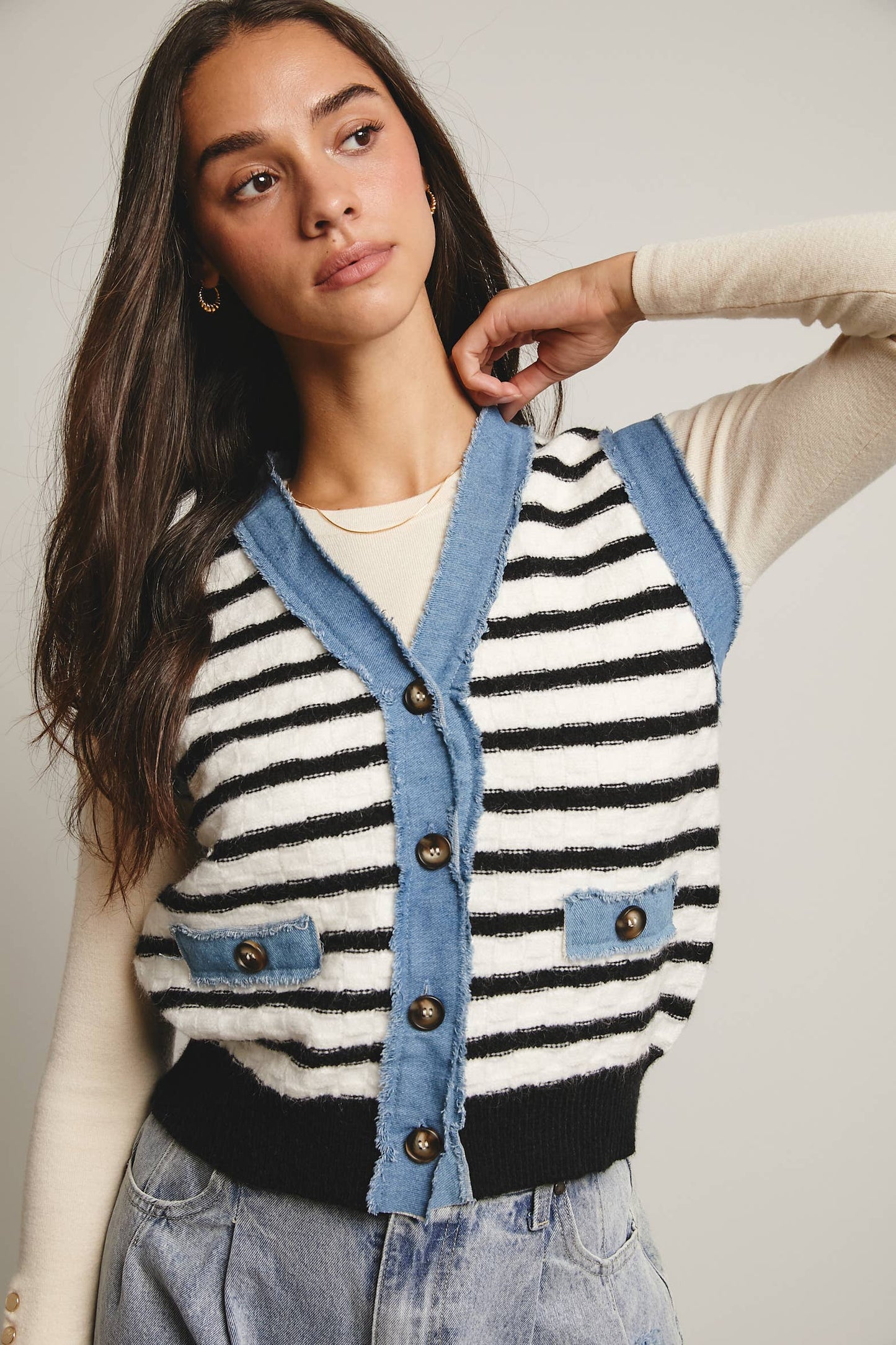 Denim Trim Knit Vest