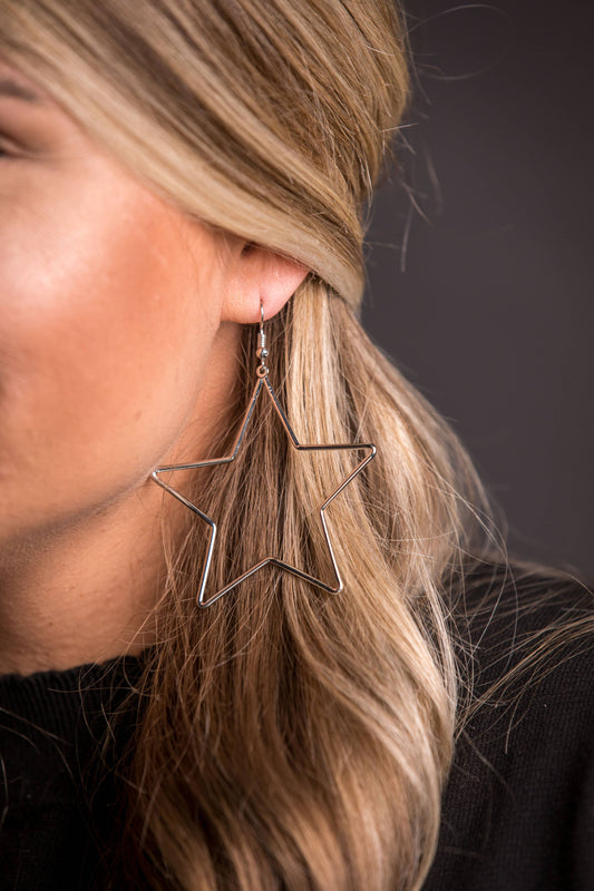 3" Silver Star Earrings on Fishhook