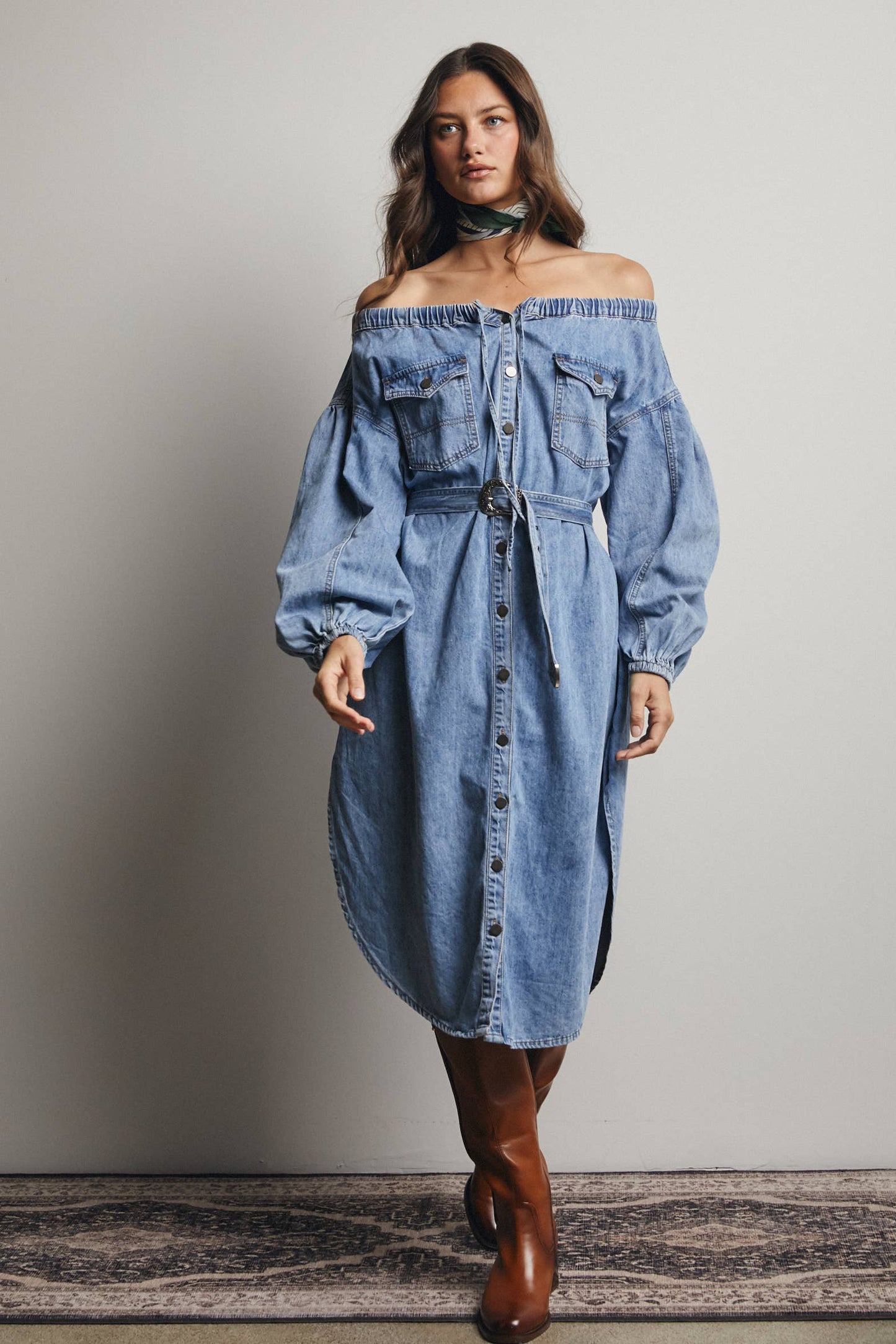 Off-Shoulder Belted Denim Dress