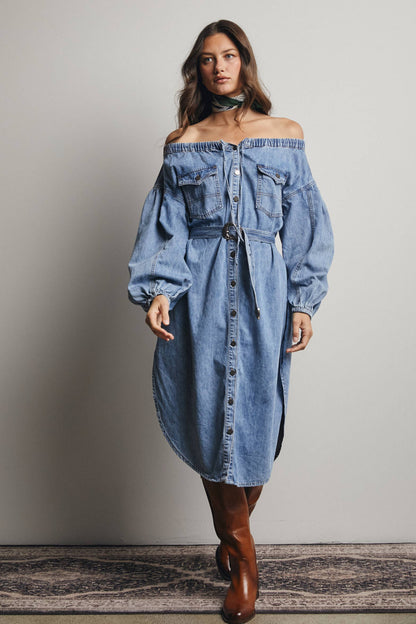 Off-Shoulder Belted Denim Dress