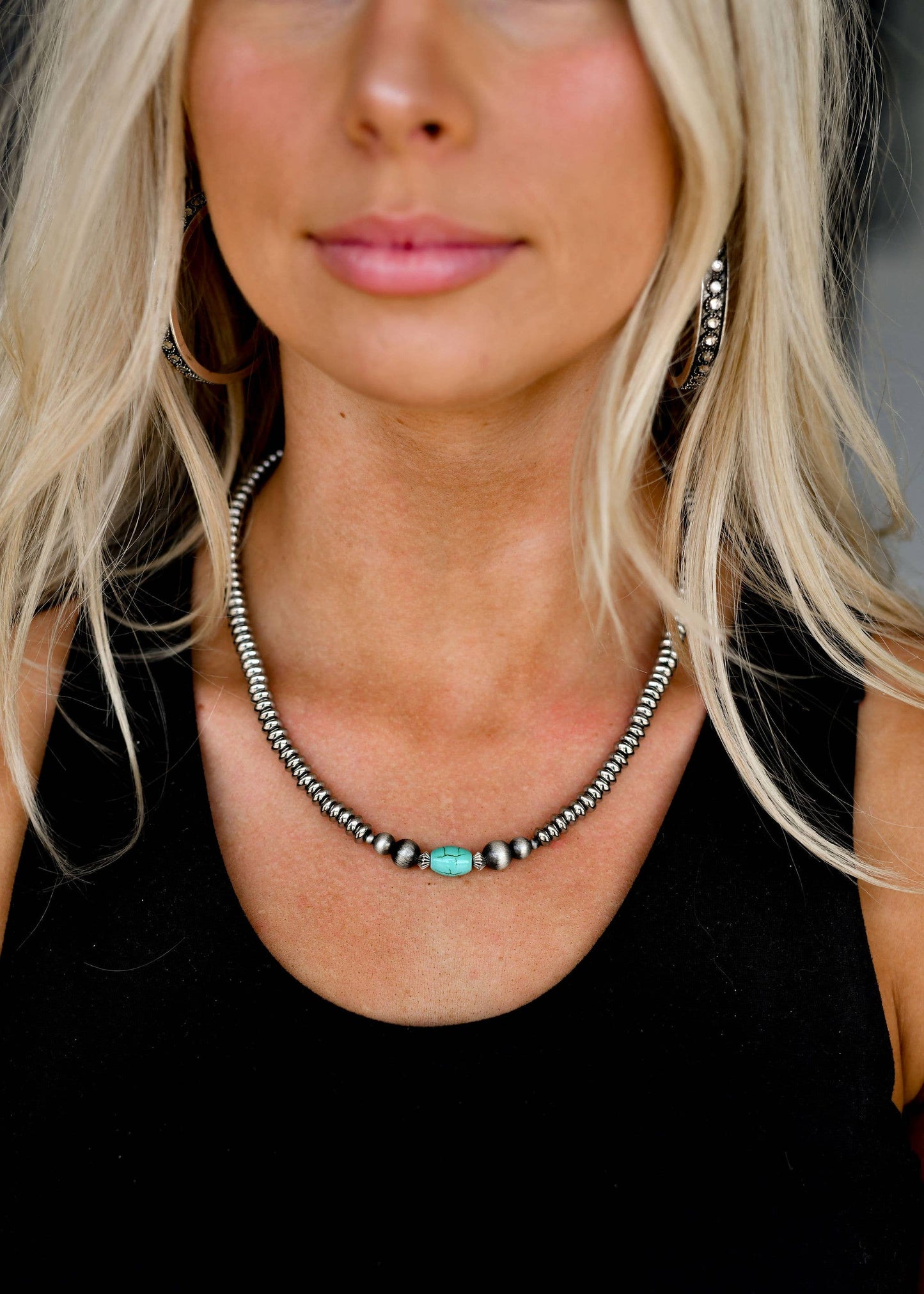 16" Silver Disc Beaded Necklace with Green Turquoise
