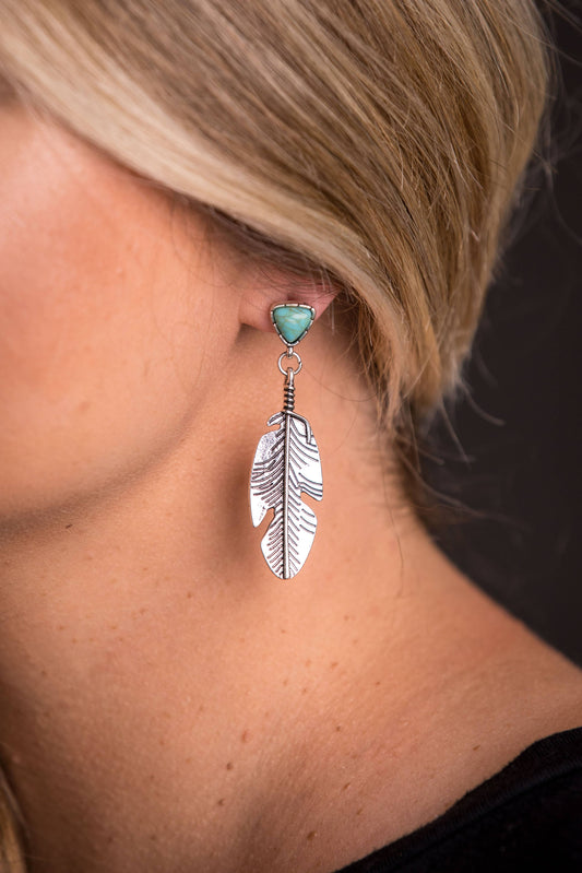 Silver Feather Earring - Turquoise Stone