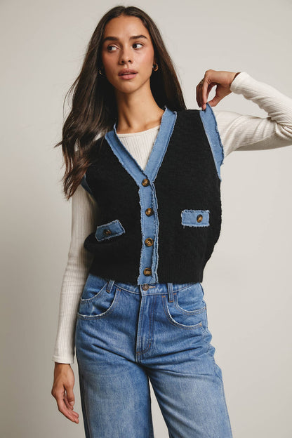 Denim Trim Knit Vest