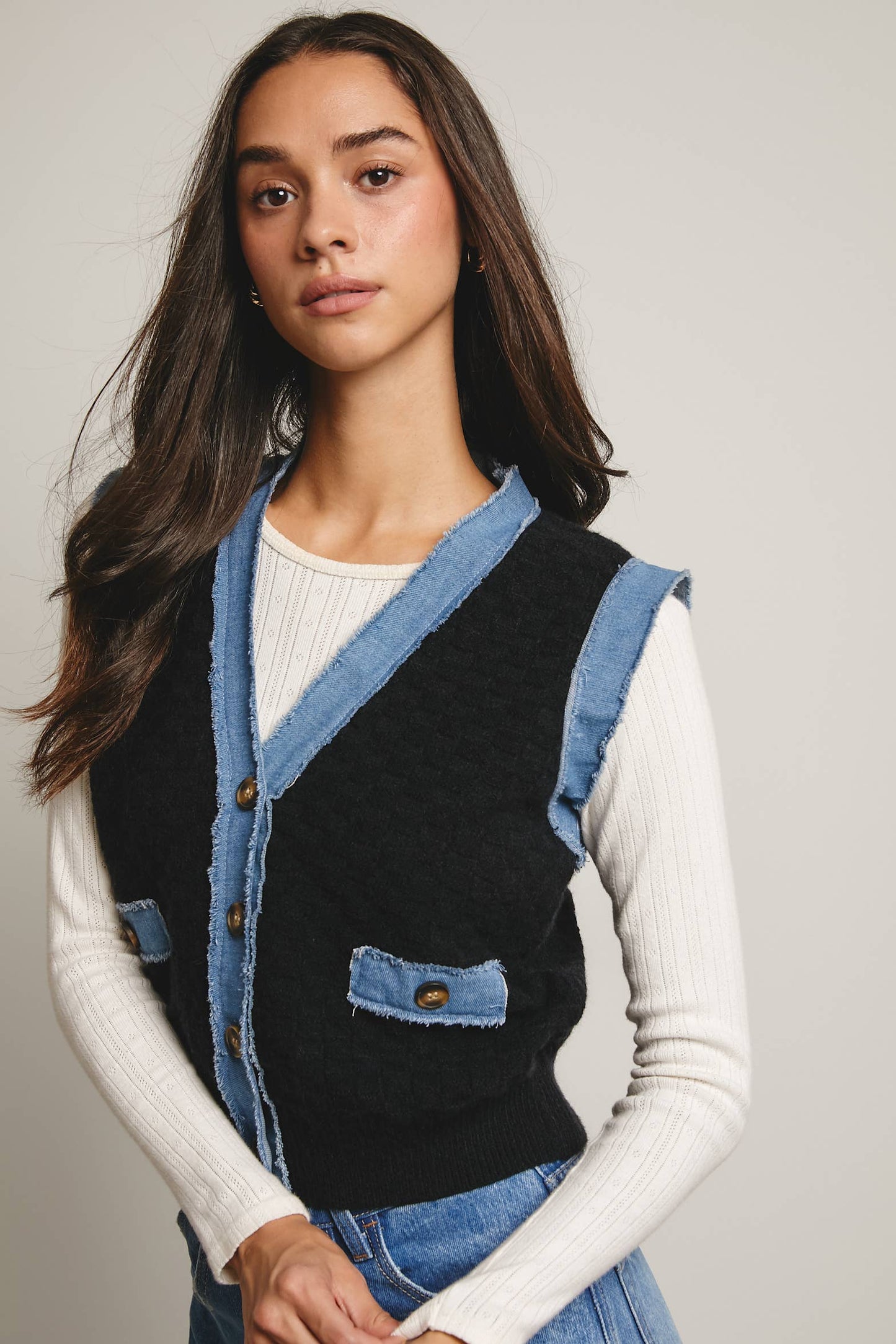 Denim Trim Knit Vest
