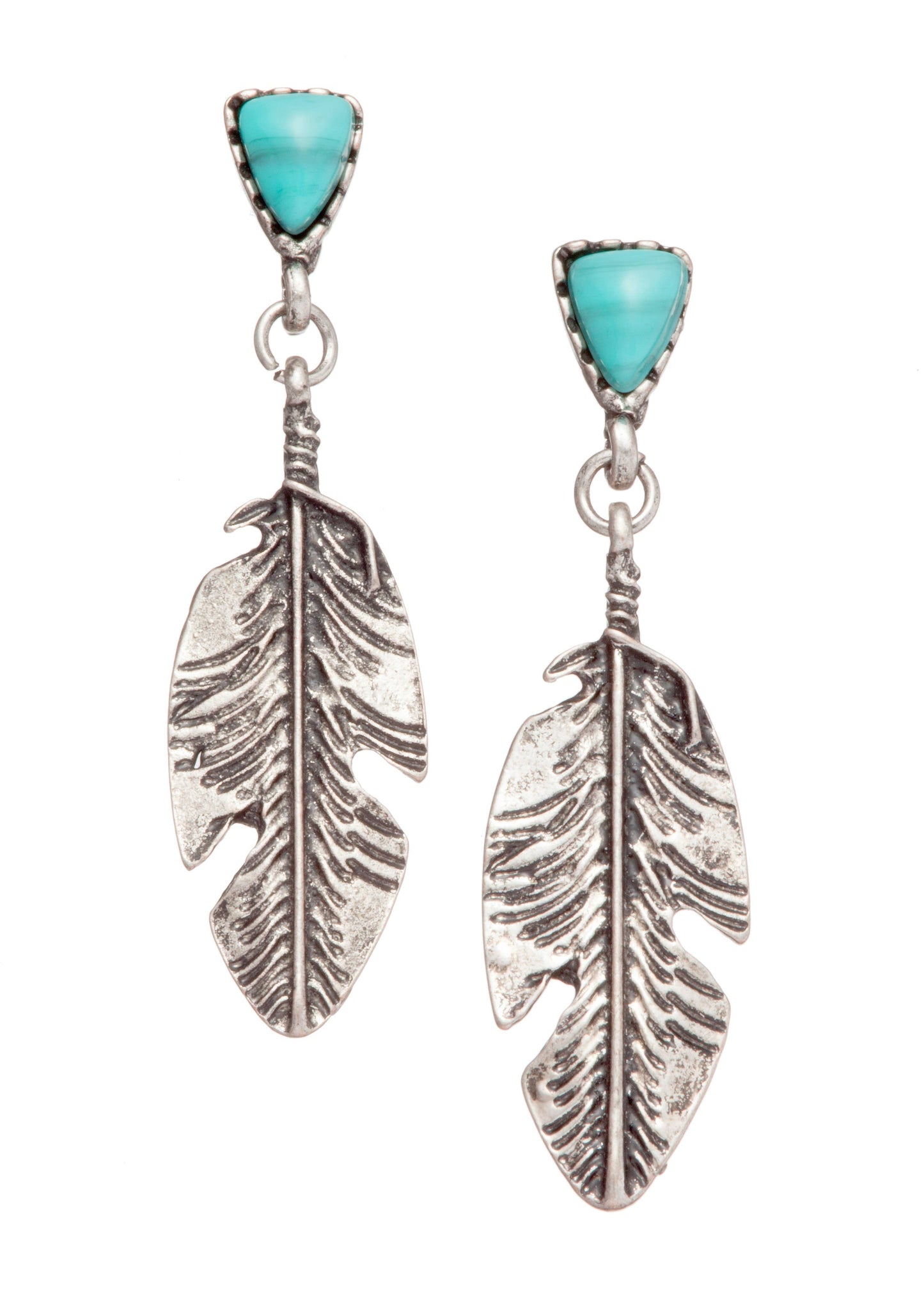 Silver Feather Earring - Turquoise Stone