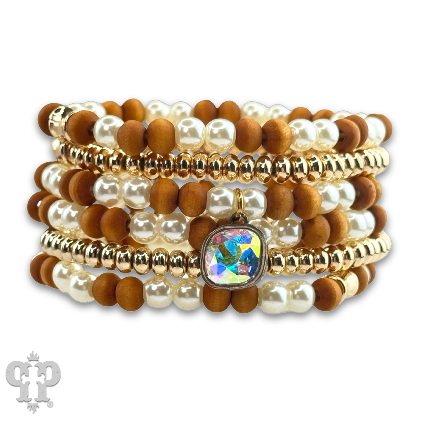 Wood and pearl bead bracelet crystal