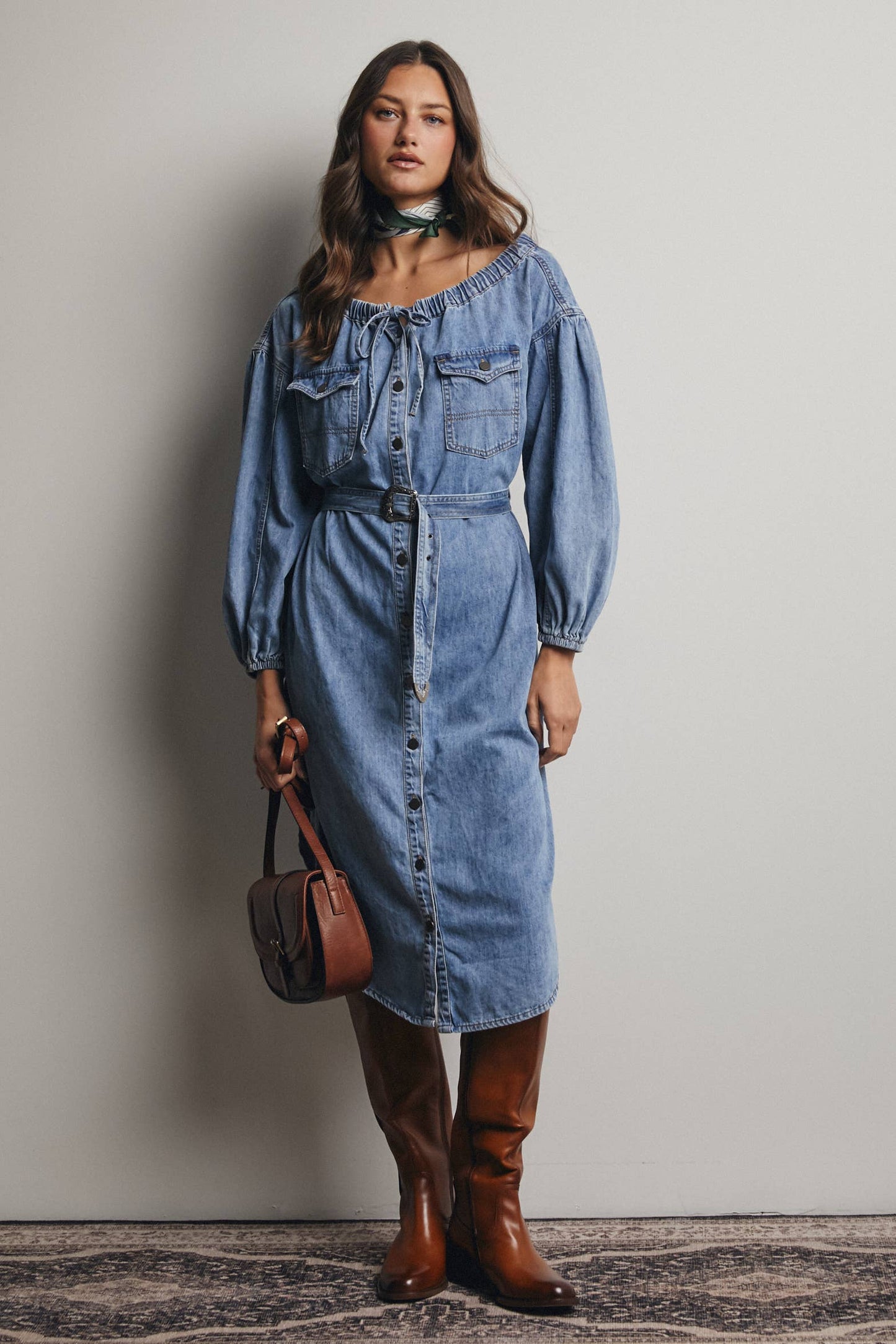 Off-Shoulder Belted Denim Dress