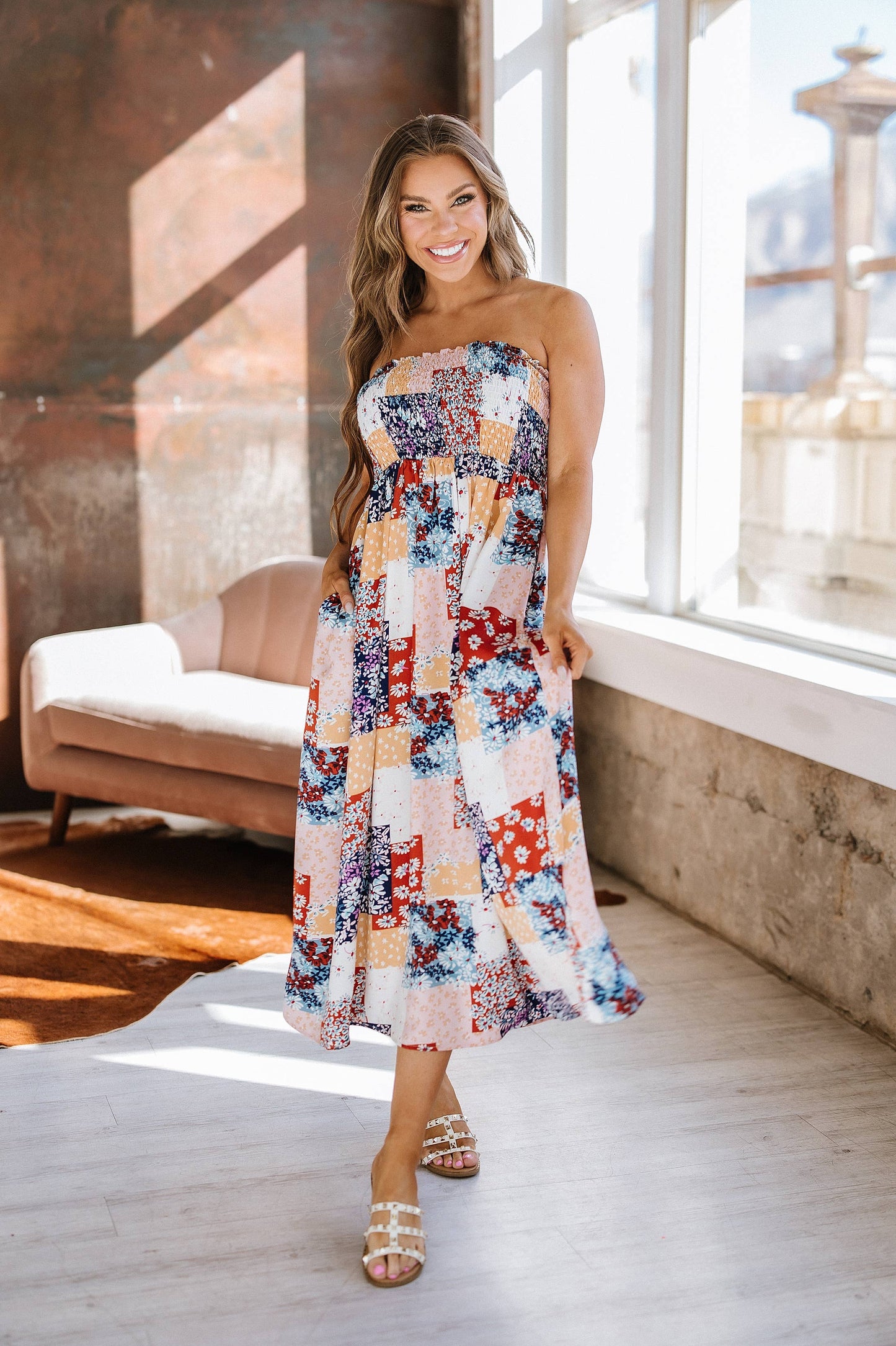 Ivy Patchwork Smocked Midi Dress