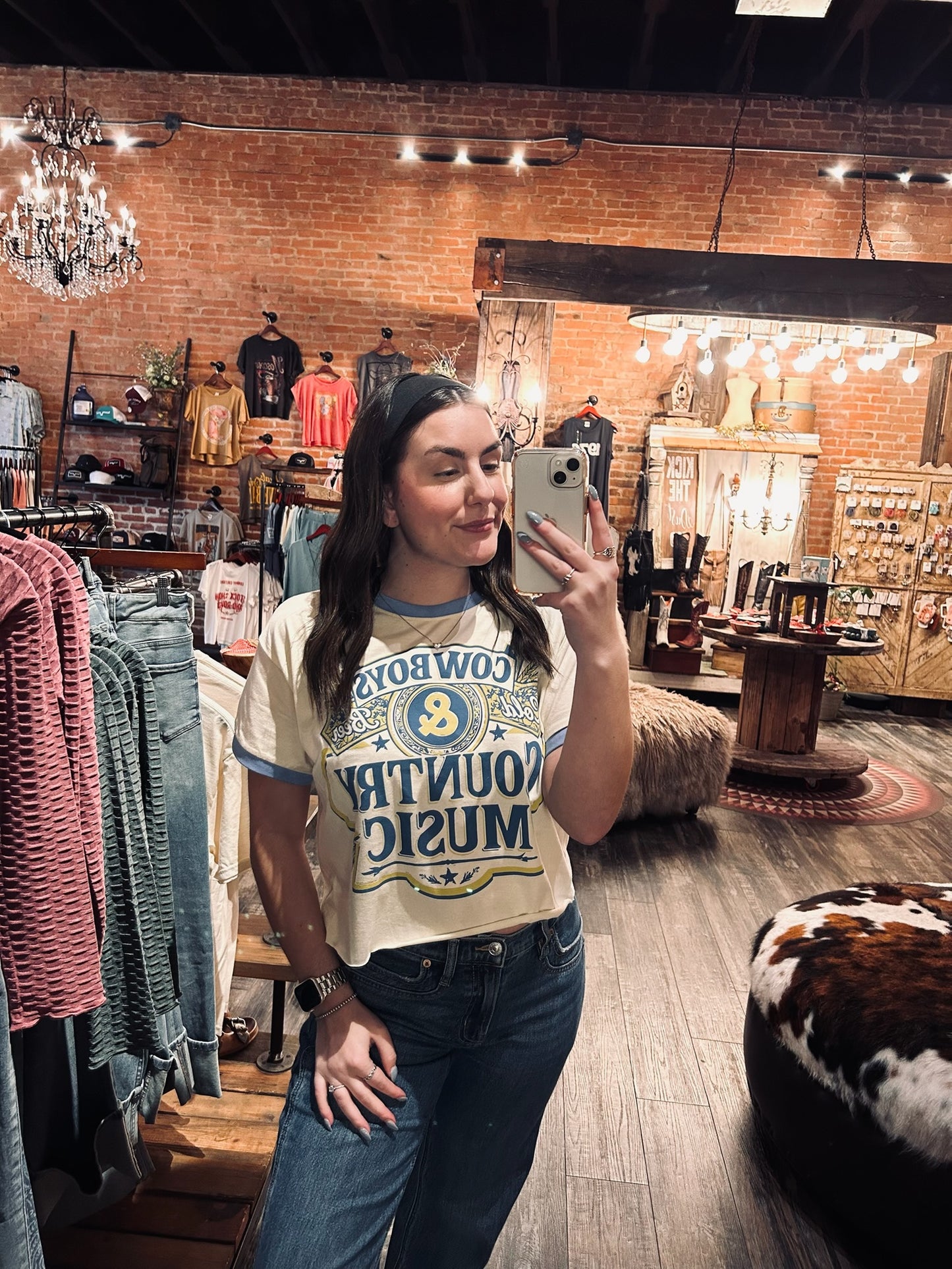 Cowboys & Country Music Blue Trim Crop