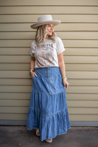 Top Tier Denim Maxi Skirt