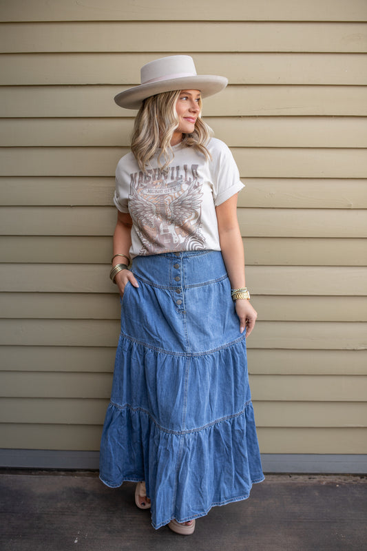 Top Tier Denim Maxi Skirt