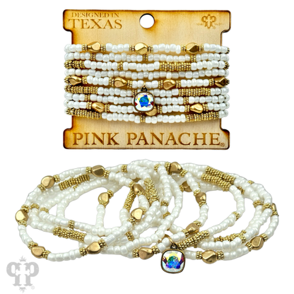 Gold, silver and white pony bead stacked bracelet