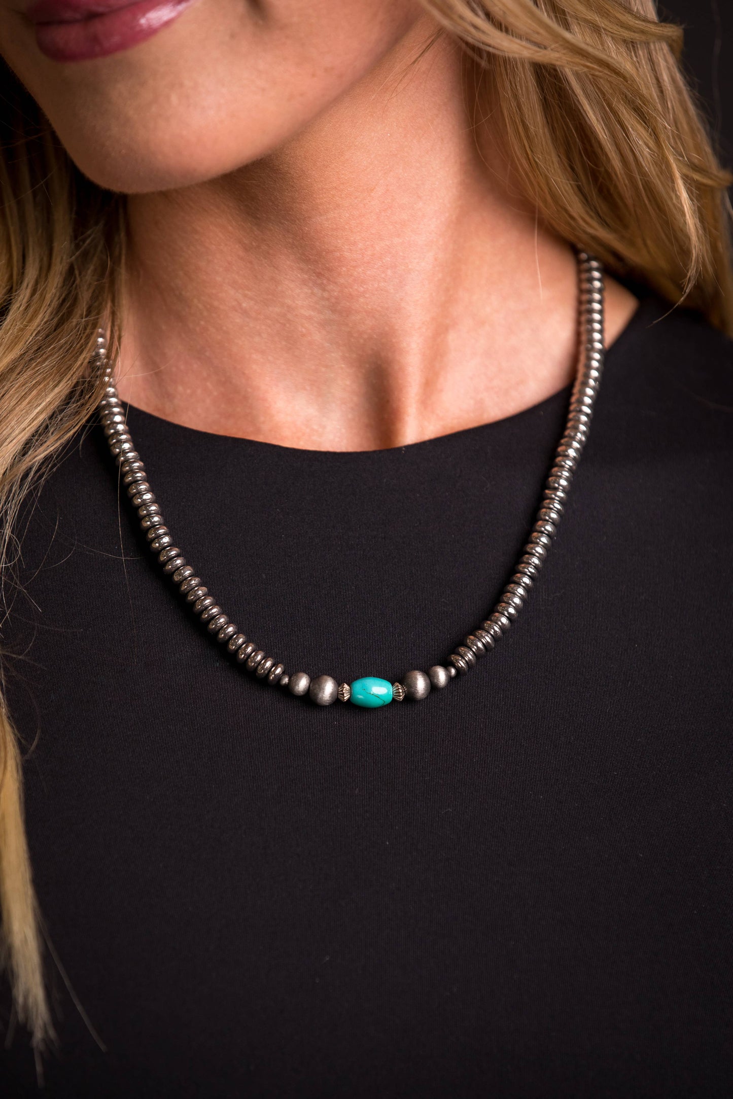 16" Silver Disc Beaded Necklace with Green Turquoise