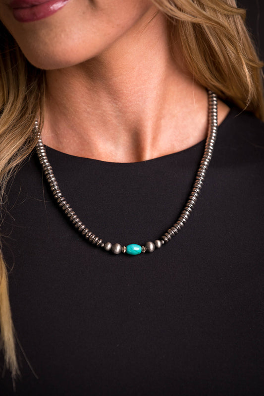 16" Silver Disc Beaded Necklace with Green Turquoise