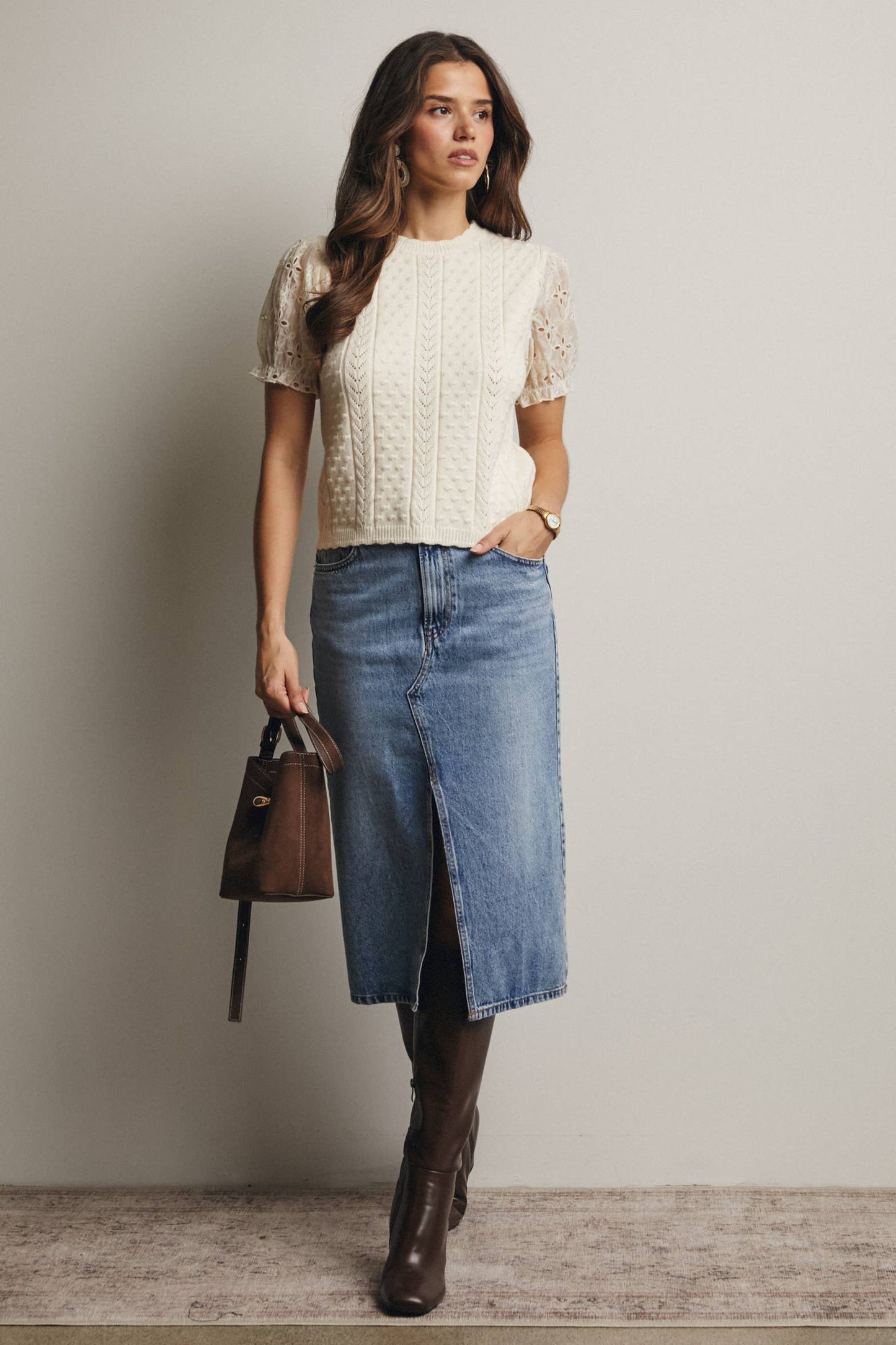 Lace Puff Sleeve Knit Top