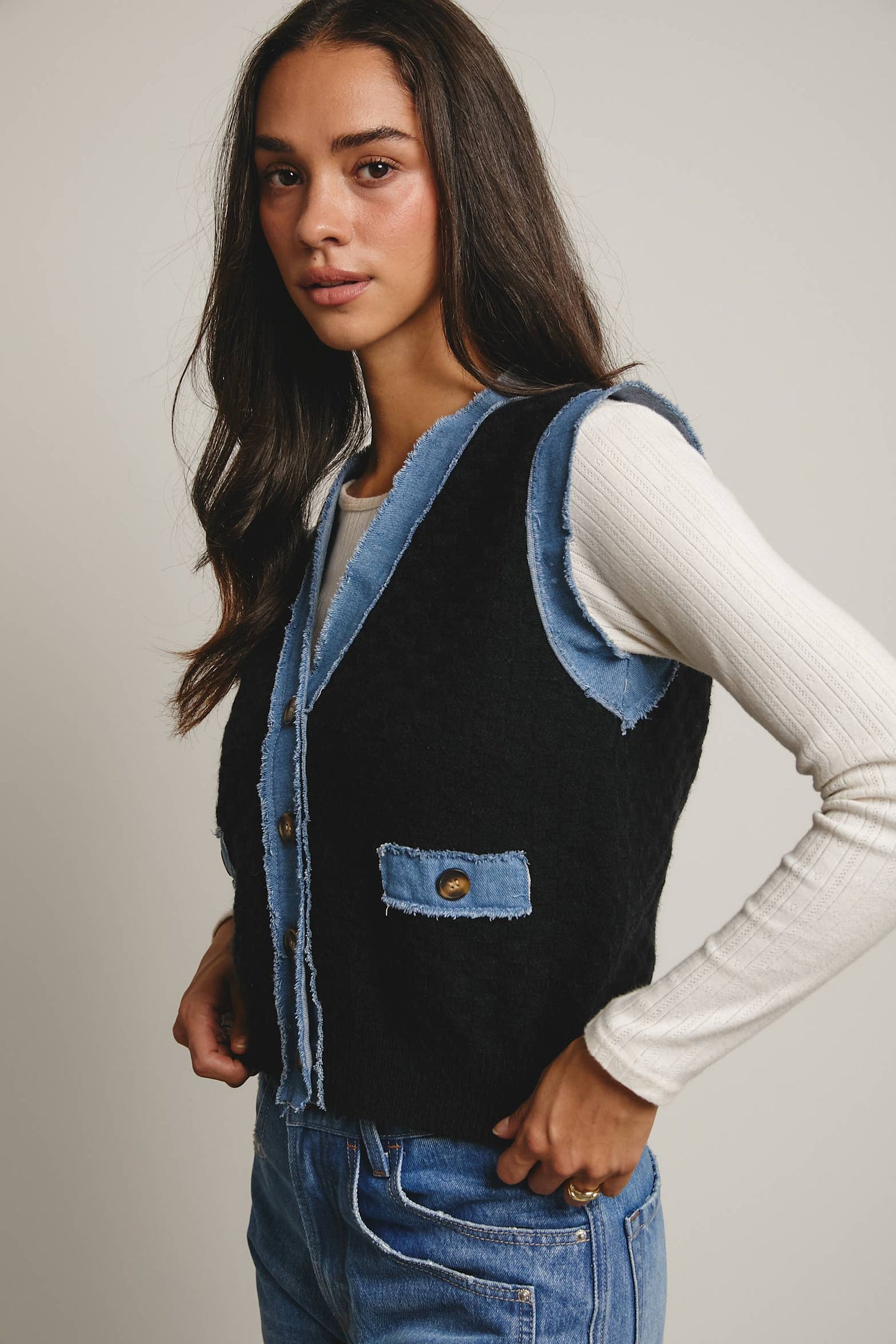 Denim Trim Knit Vest
