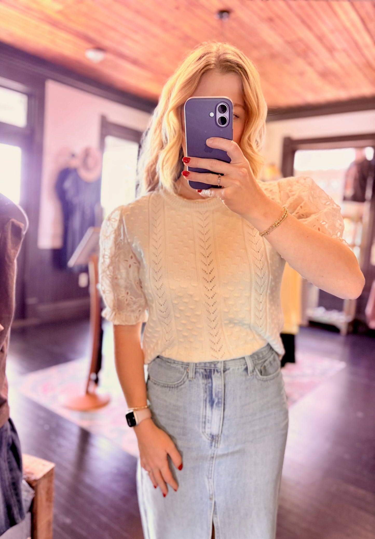 Lace Puff Sleeve Knit Top