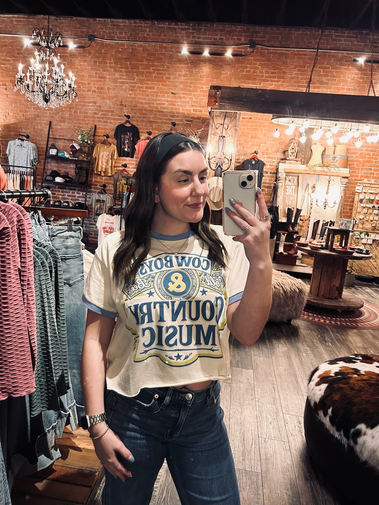 Cowboys & Country Music Blue Trim Crop