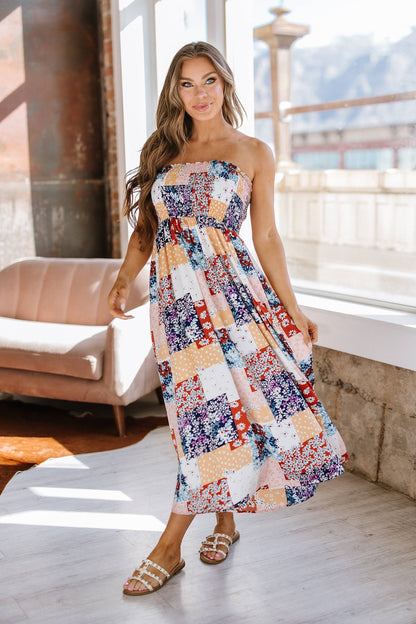 Ivy Patchwork Smocked Midi Dress