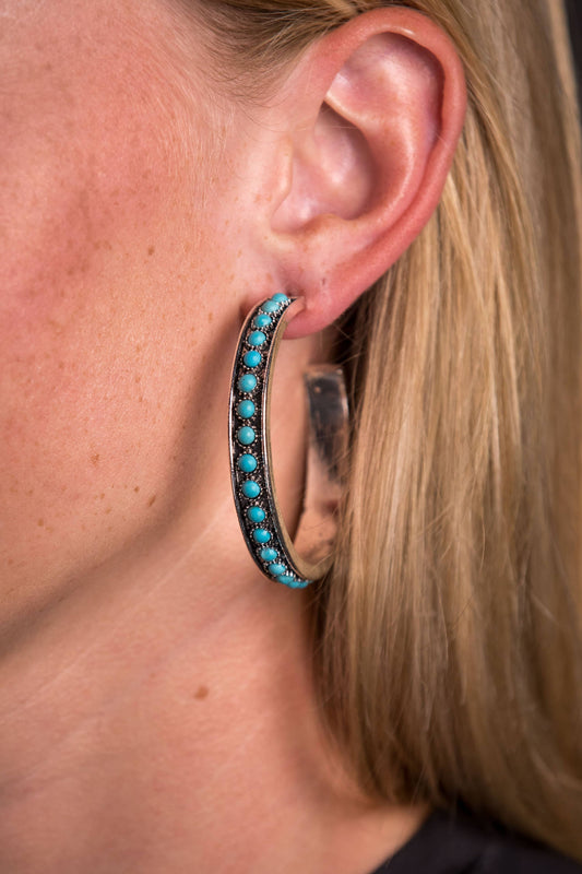 Burnished Silver and Turquoise Hoop Earring