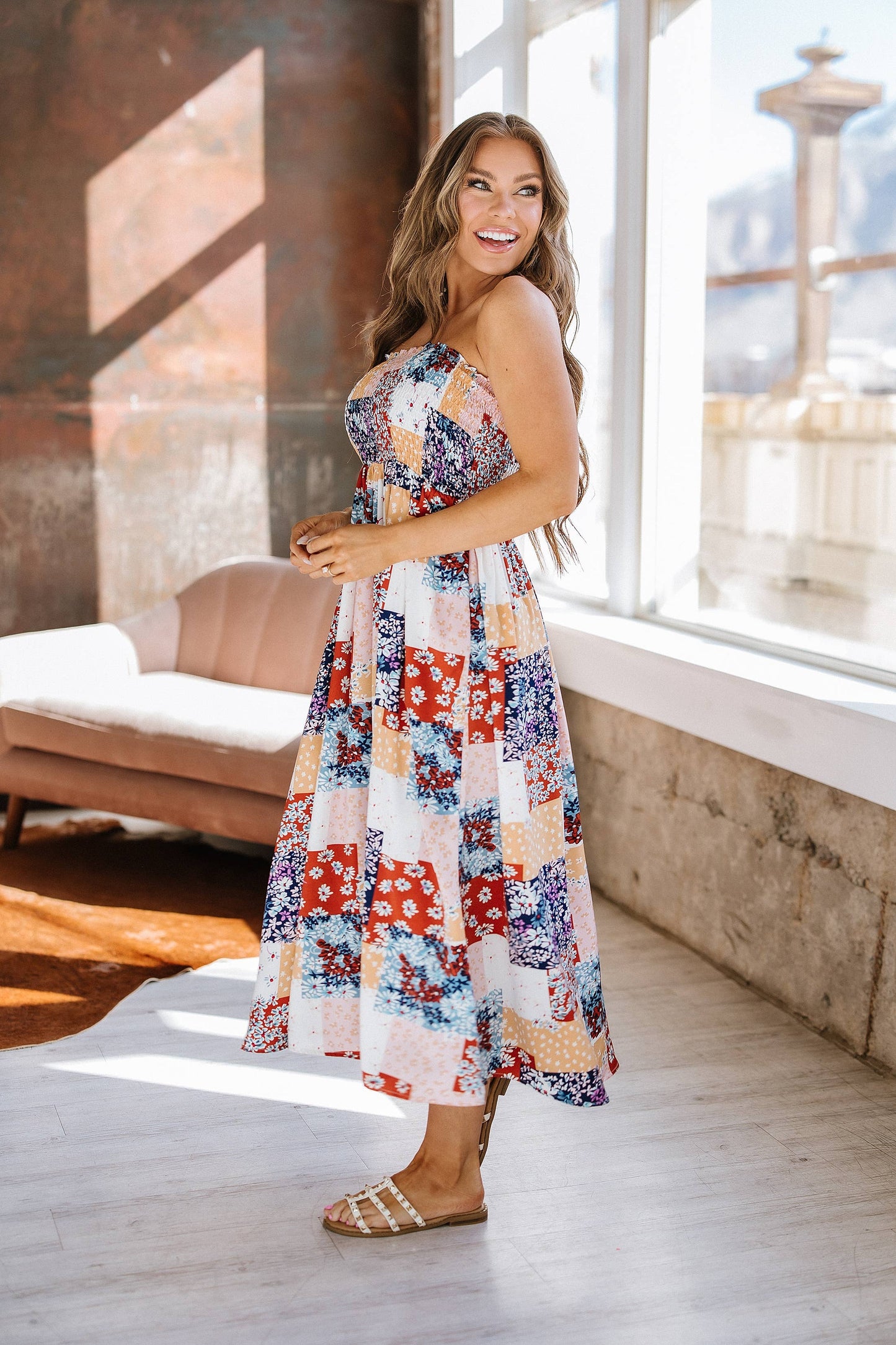 Ivy Patchwork Smocked Midi Dress
