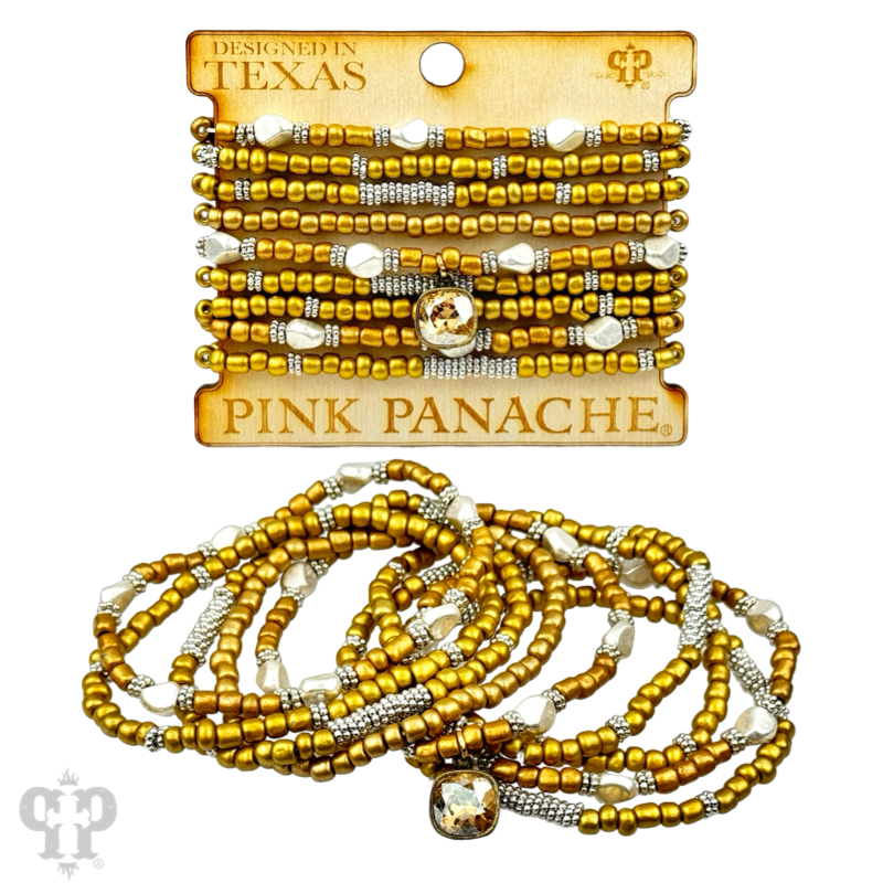 Gold, silver and white pony bead stacked bracelet