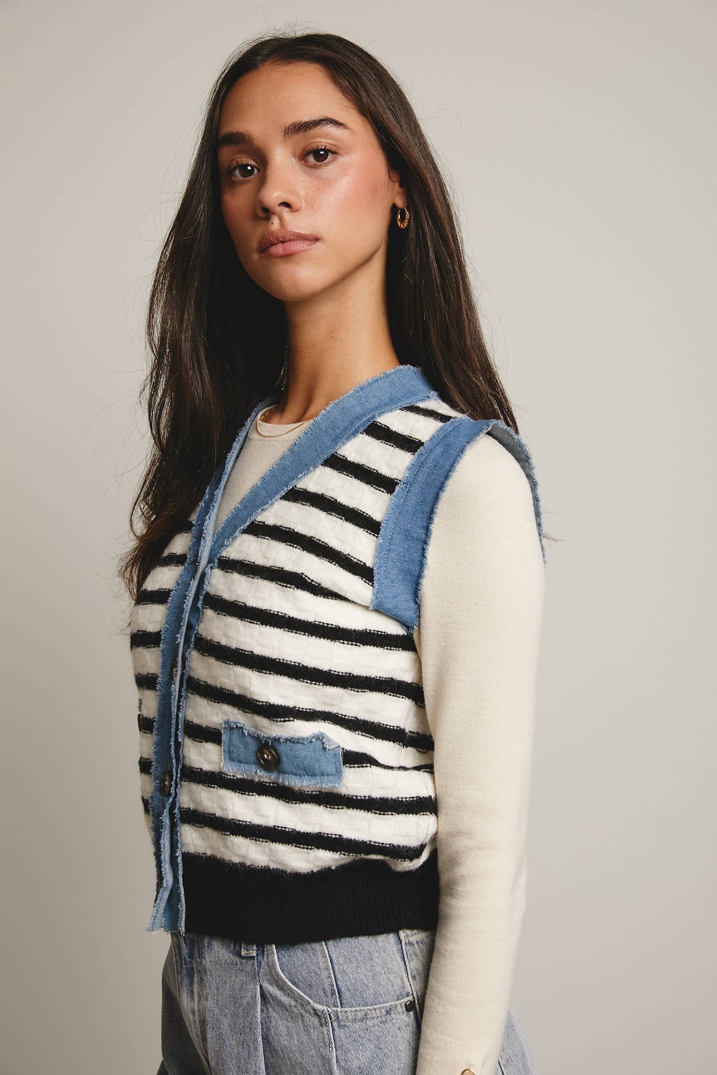 Denim Trim Knit Vest