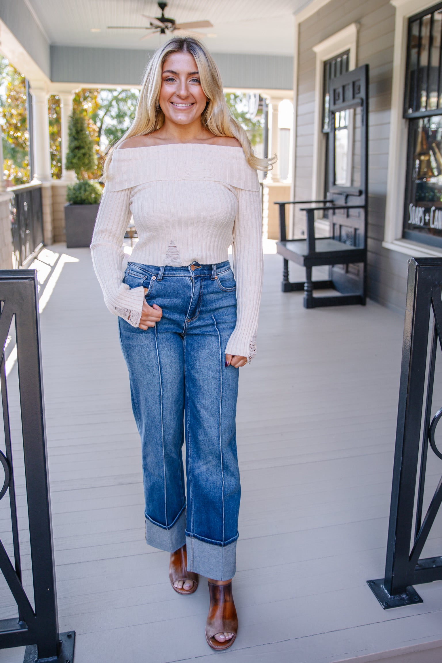 Distressed Off Shoulder Sweater – Copper Rose Boutique