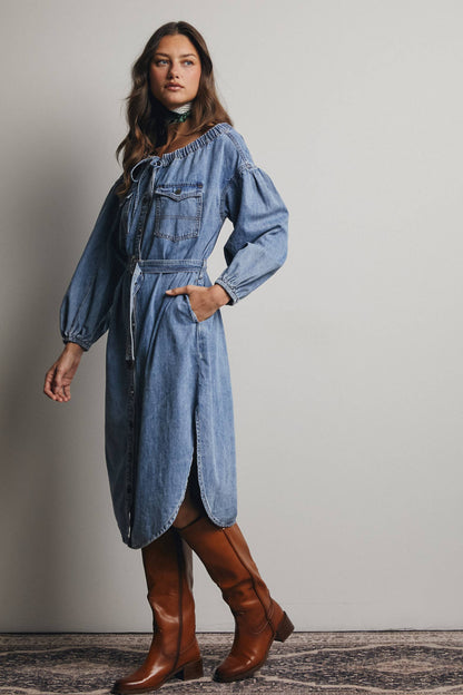 Off-Shoulder Belted Denim Dress