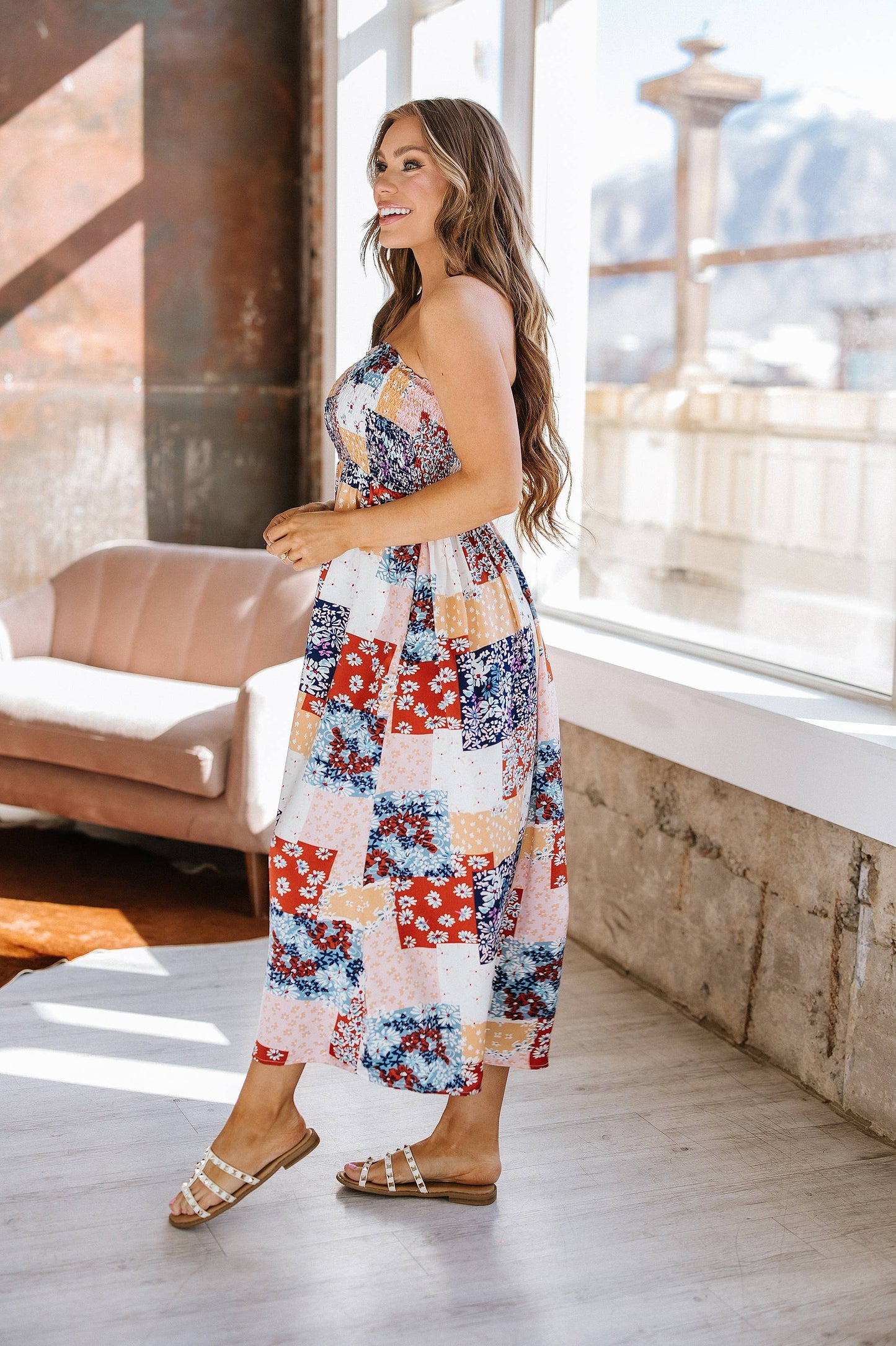 Ivy Patchwork Smocked Midi Dress