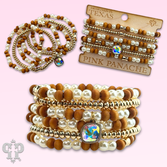 Wood and pearl bead bracelet crystal