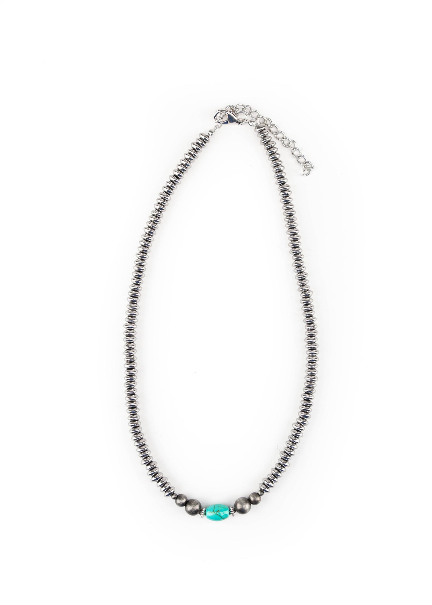 16" Silver Disc Beaded Necklace with Green Turquoise