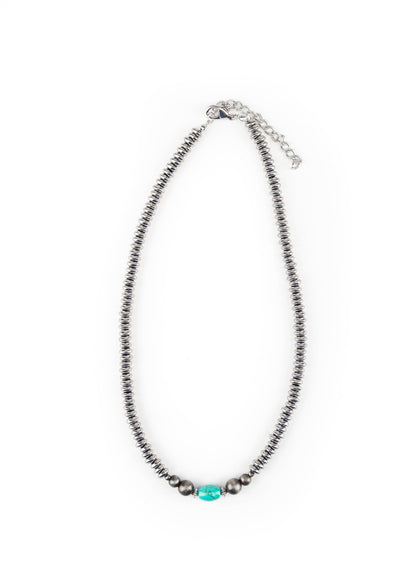 16" Silver Disc Beaded Necklace with Green Turquoise