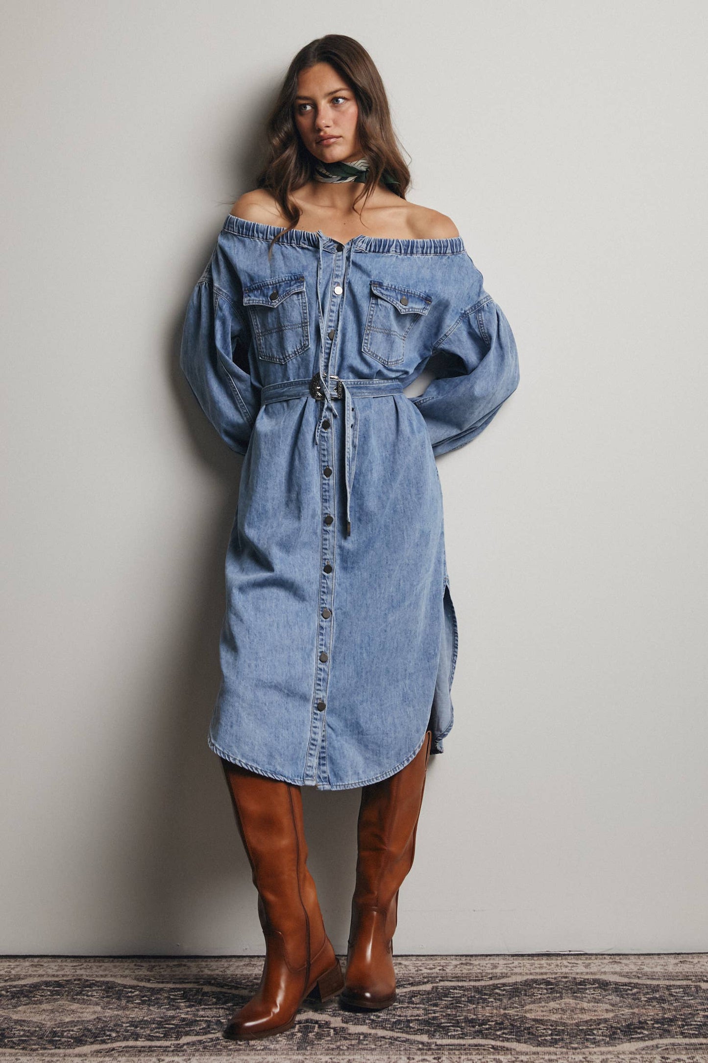 Off-Shoulder Belted Denim Dress