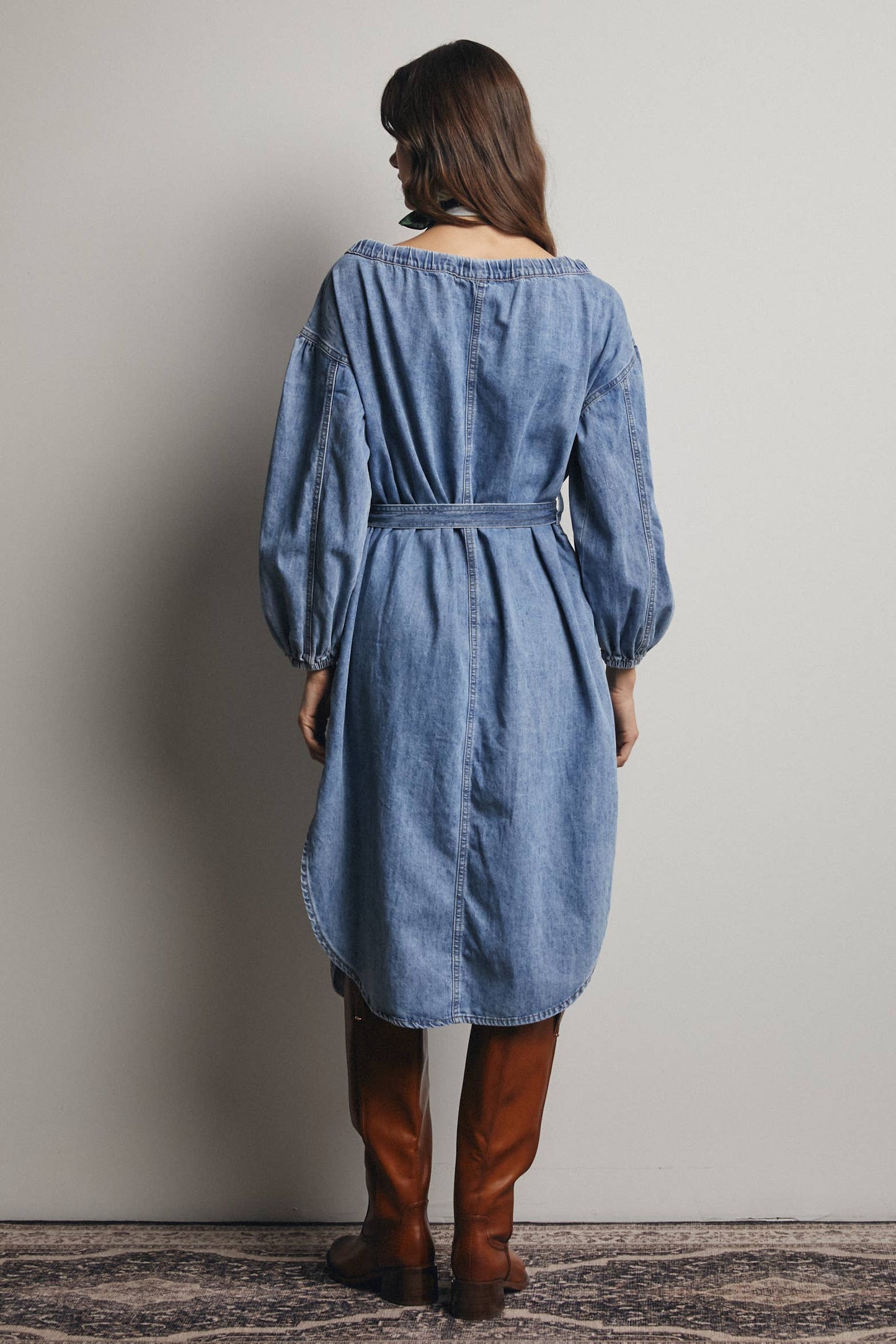 Off-Shoulder Belted Denim Dress