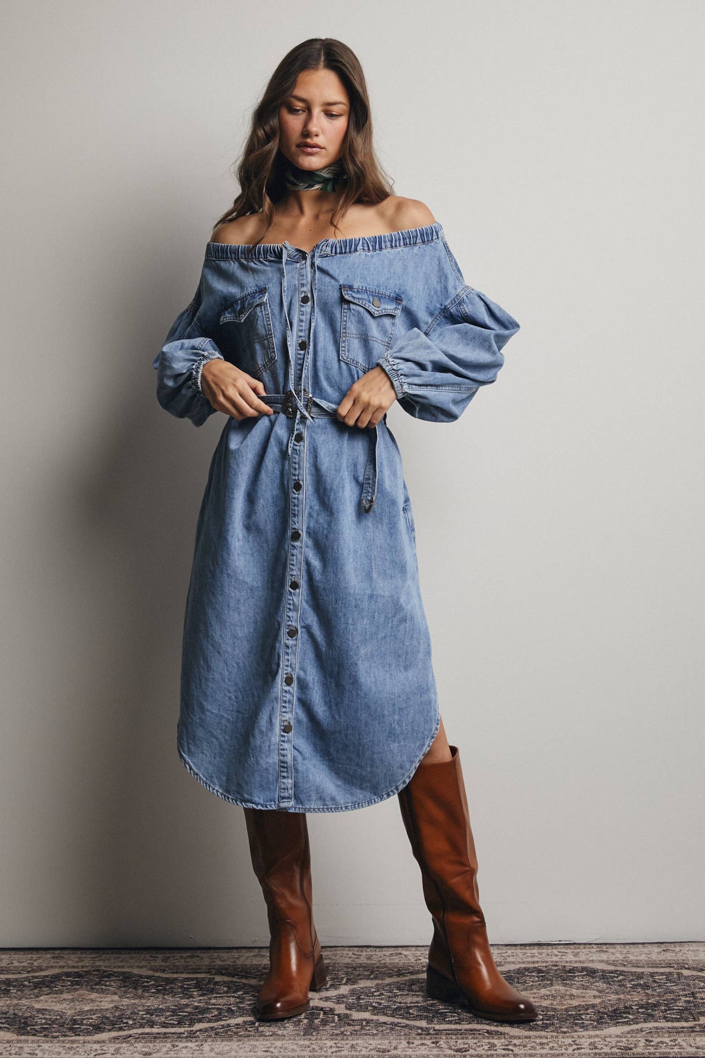 Off-Shoulder Belted Denim Dress