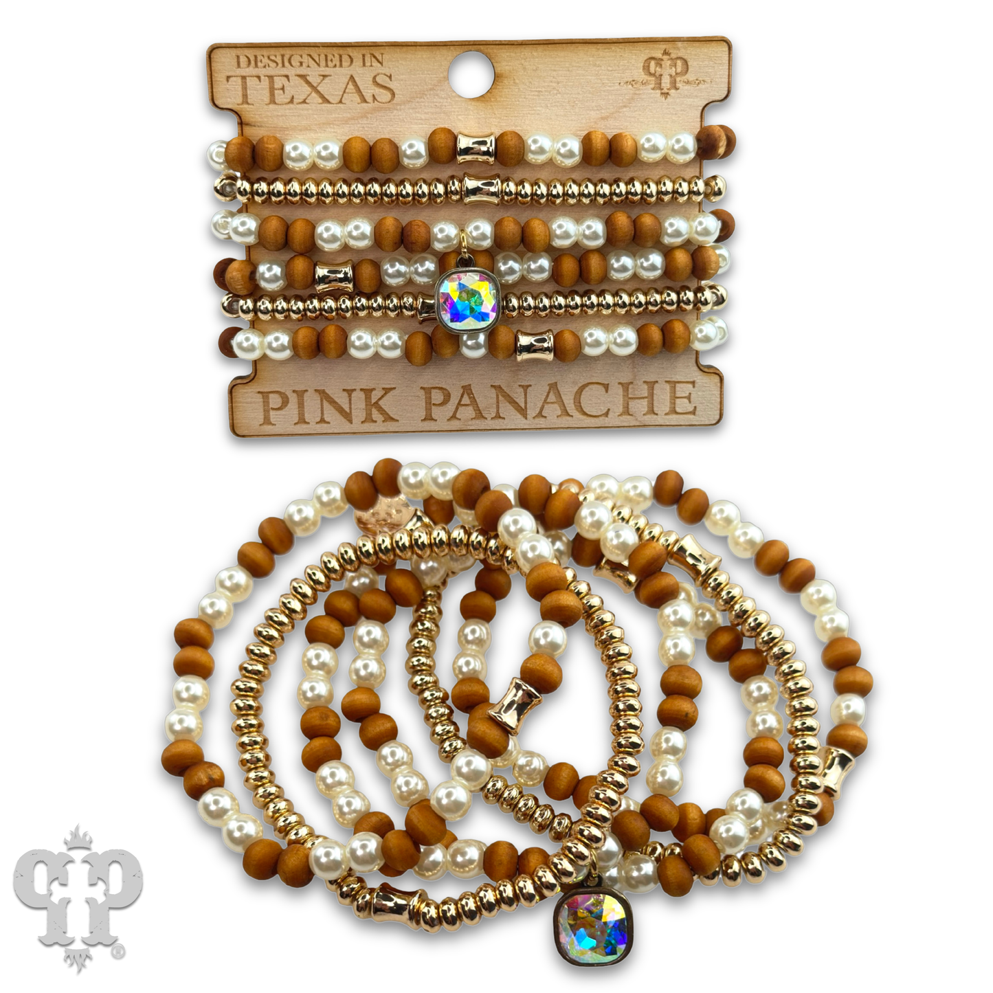 Wood and pearl bead bracelet with Austrian crystal