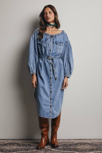 Off-Shoulder Belted Denim Dress