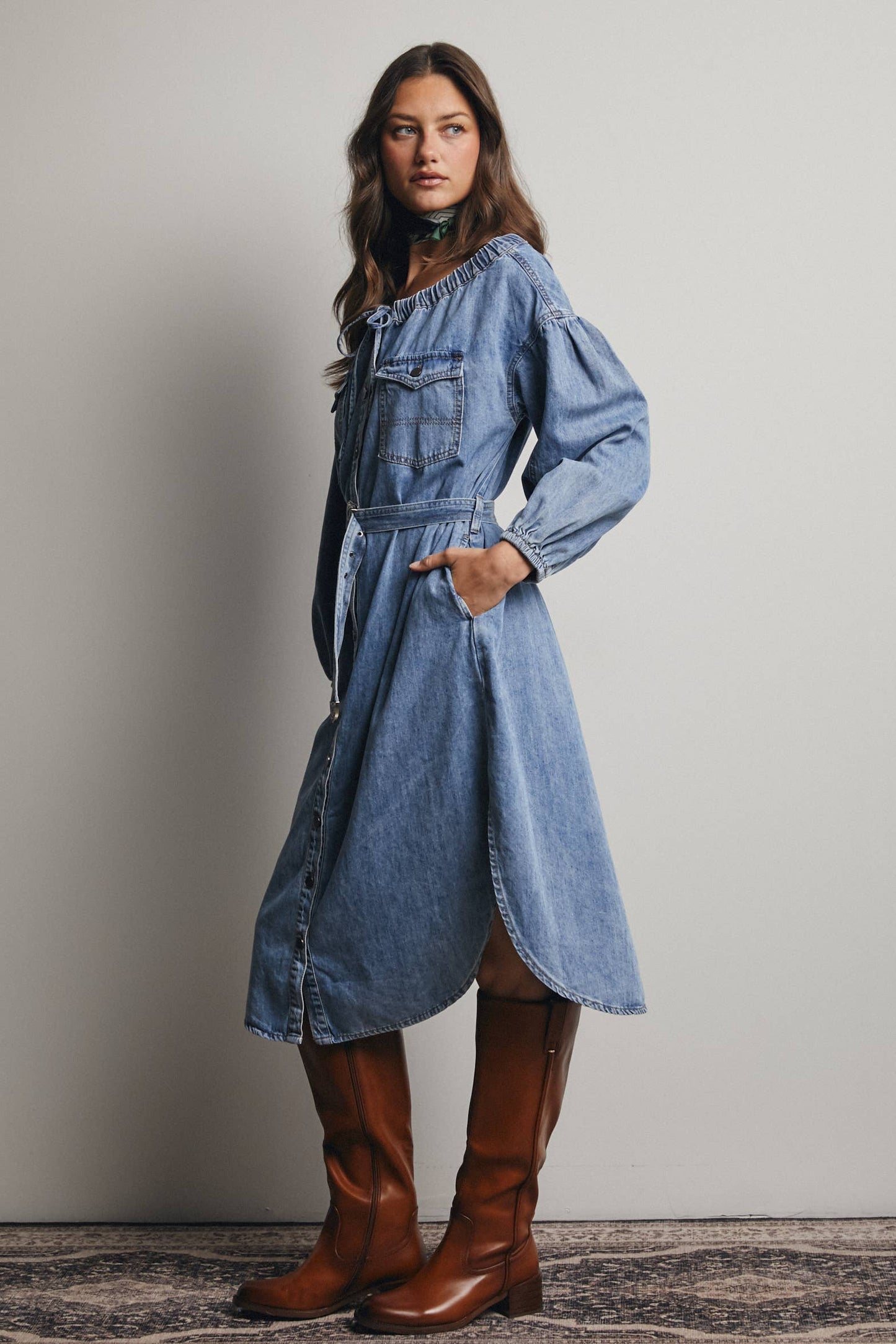 Off-Shoulder Belted Denim Dress