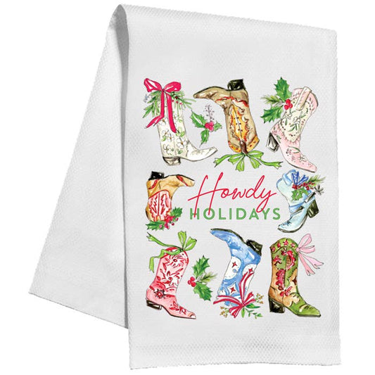 Handpainted Howdy Holidays Christmas Boots Kitchen Towel
