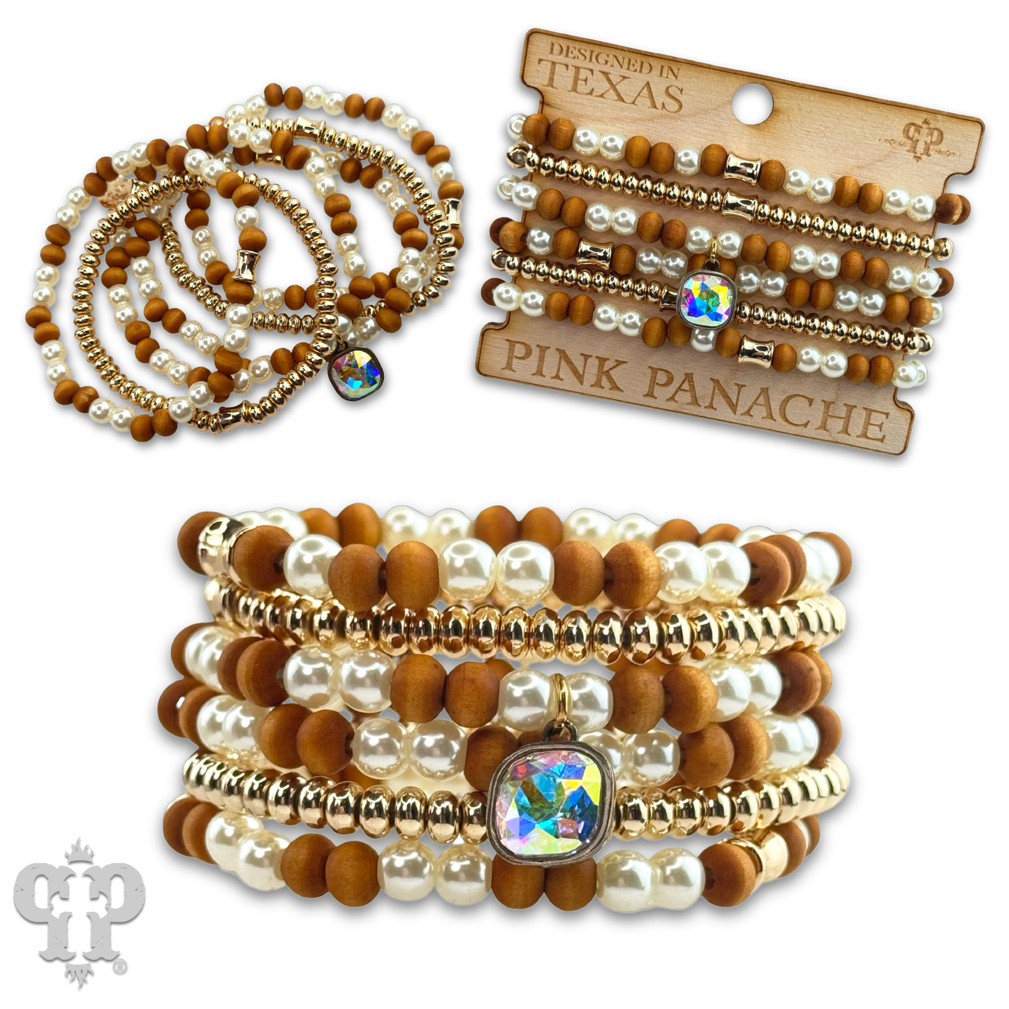 Wood and pearl bead bracelet crystal