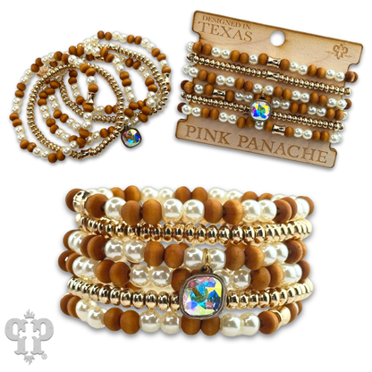 Wood and pearl bead bracelet crystal