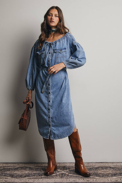 Off-Shoulder Belted Denim Dress