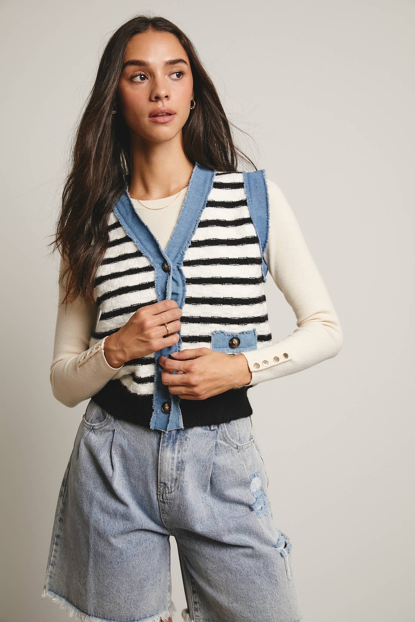 Denim Trim Knit Vest