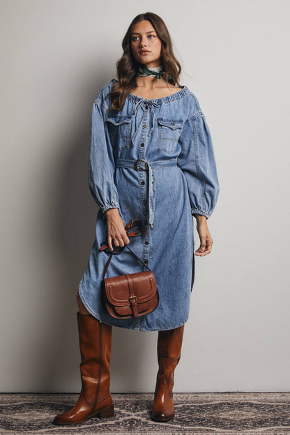 Off-Shoulder Belted Denim Dress